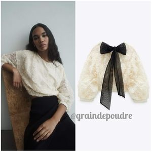 Rare! Zara Ballet Ivory Floral Lace Black Back Toe Bow Cropped Sweatshirt M